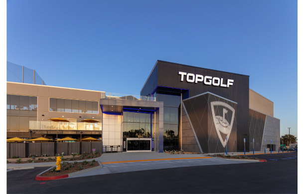 Topgolf exterior daytime, parking lot and entrance